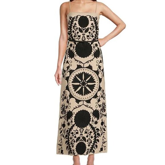 Square Neck Sleeveless Embroidered Column Side Slit Linen Maxi Dress - Size S - Picture 1 of 4